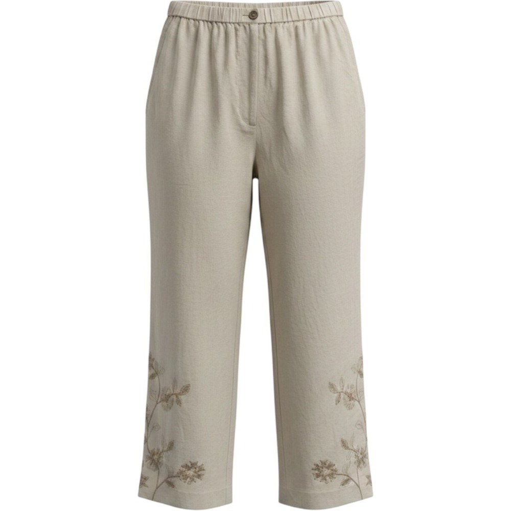 David Brooks Cropped Wide Leg Pants Large Cream‎ Embroidery Linen Cotton Blend